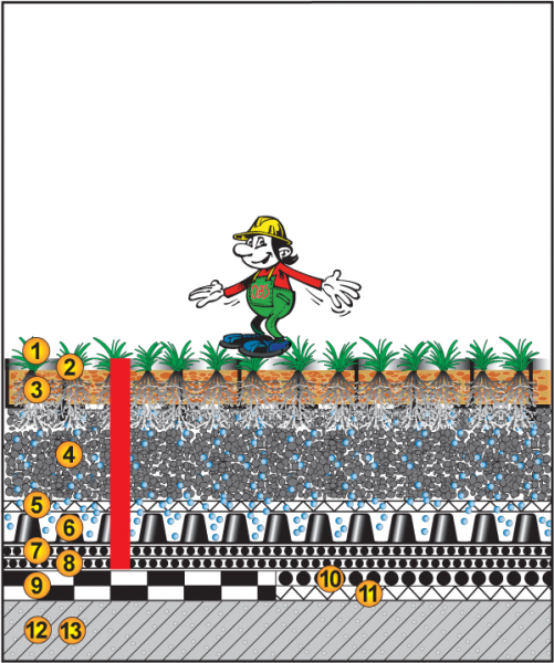Dach begehbar, 2%, Ausgleichsschicht/Tragschicht, Bettung, Rasenschutzwabe, Rasenpflaster